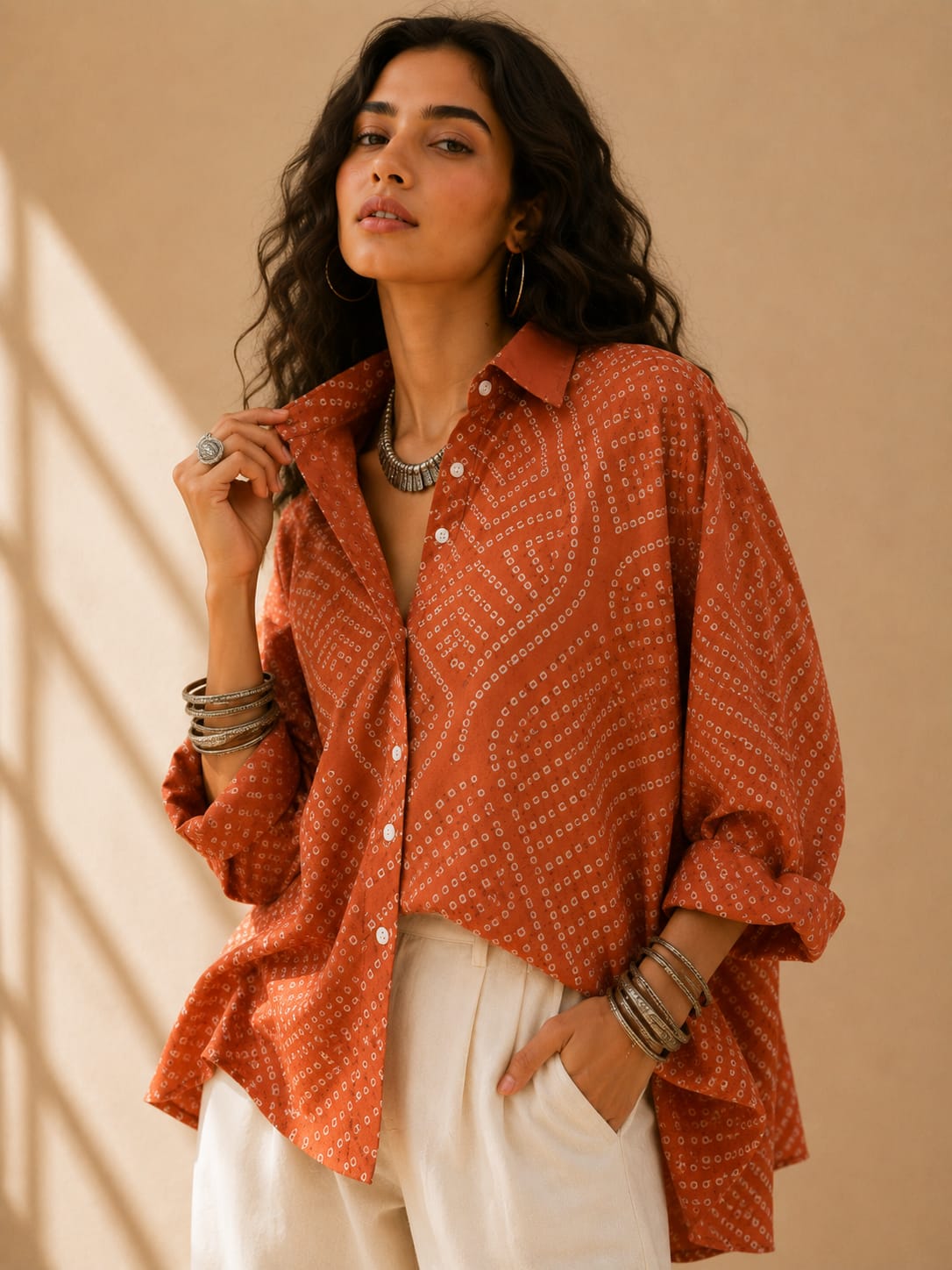 Oversized Boho Bandhani Printed shirt - Rust