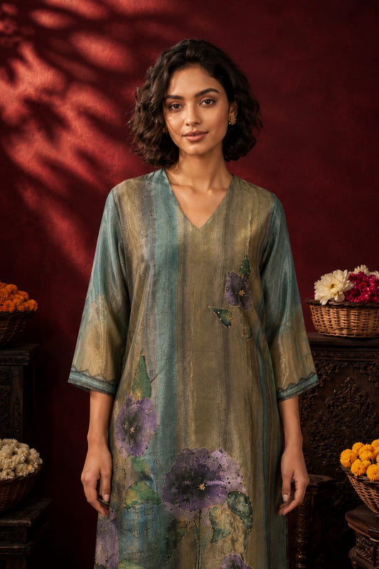Women's Sage Green Dual tone Floral Handworked Straight Kurta Pant Set with Printed Tissue Organza Dupatta-Sage Green