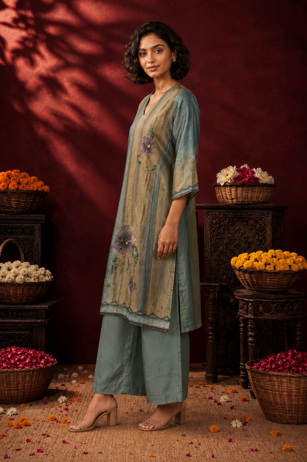 Women's Sage Green Dual tone Floral Handworked Straight Kurta Pant Set with Printed Tissue Organza Dupatta-Sage Green