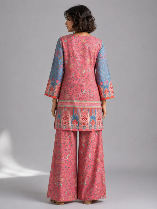 Women's Pink Floral Print Tunic & Wide-Leg Pant Co-ord Set- Pink