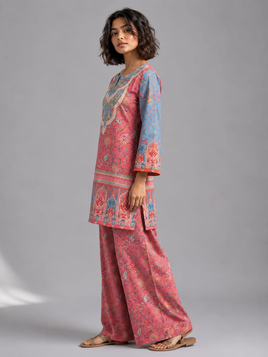 Women's Pink Floral Print Tunic & Wide-Leg Pant Co-ord Set- Pink
