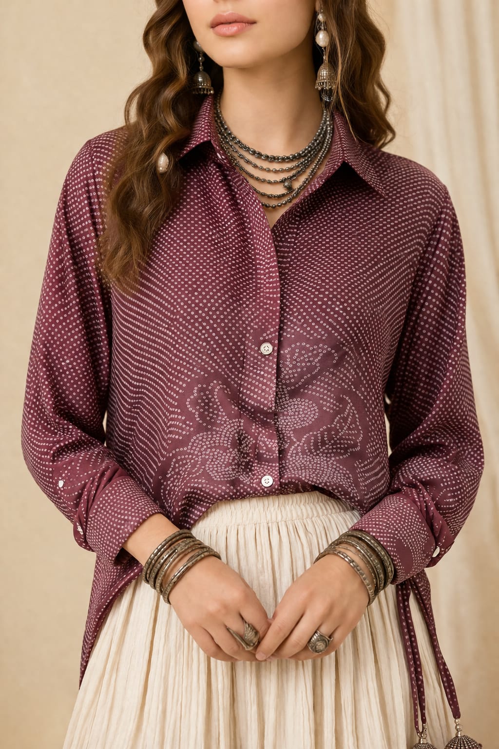 Women's Deep Maroon Oversized Contemporary Bandhani Printed Shirt- Maroon