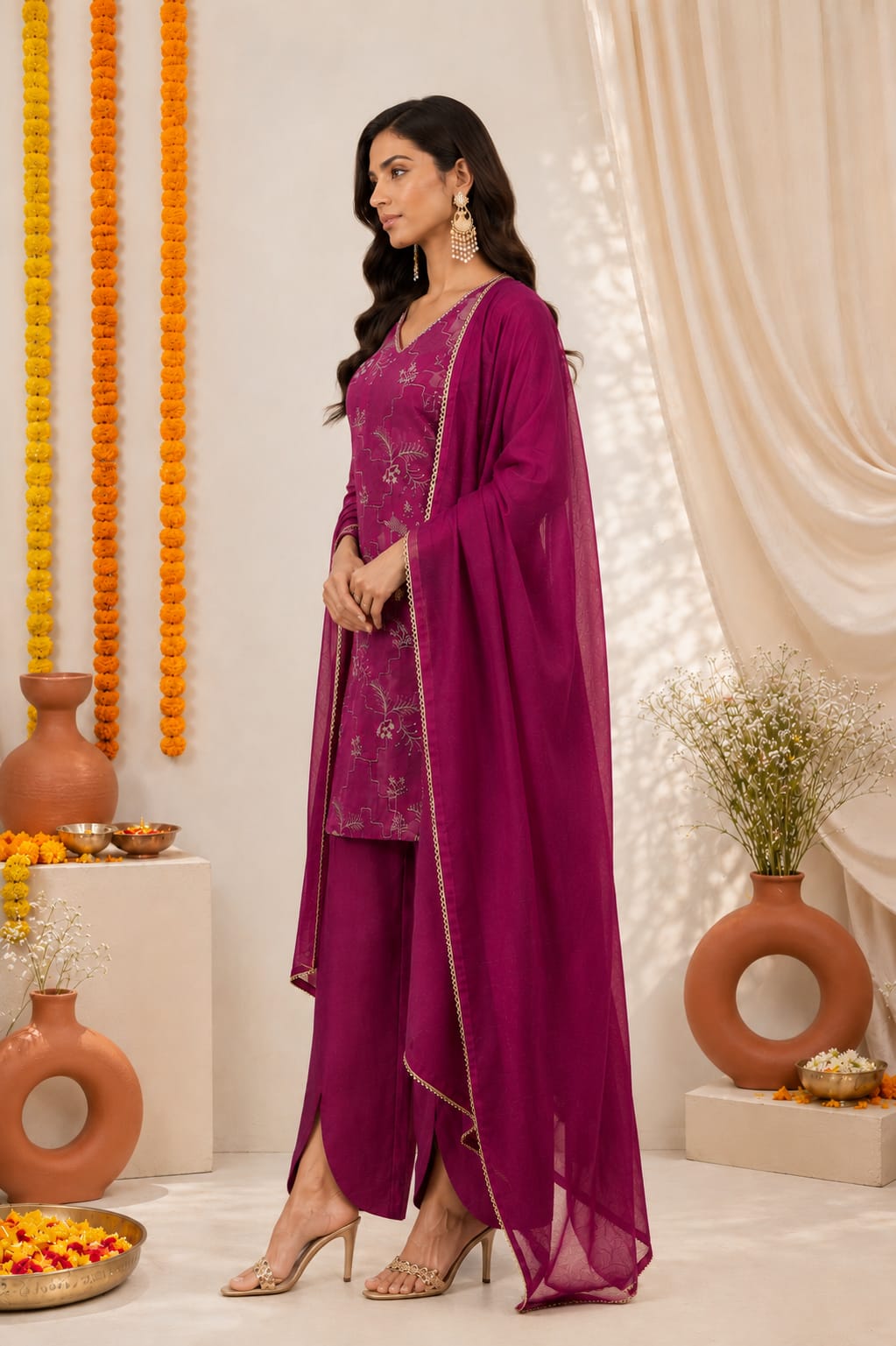 Women's Festive Magenta Handworked Kurta set with Pants & Tissue Dupatta - Magenta
