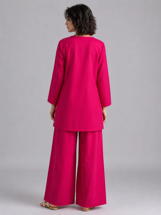 Women's Pink Abstract Face Embroidered Co-ord Set with Wide-Leg Pants - Pink