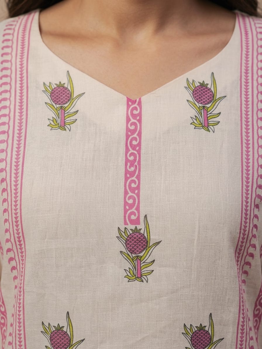 Women's Ivory Floral Printed Straight Kurta Pant Set - Ivory