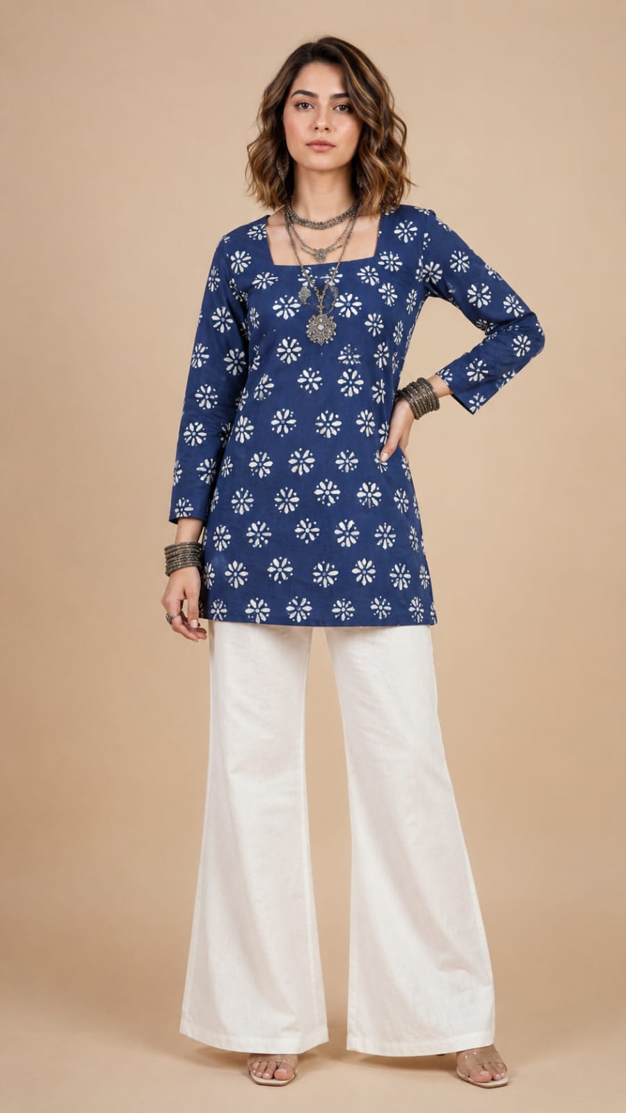 INDIGO BLUE ADJUSTABLE PRINTED TUNIC- BLUE