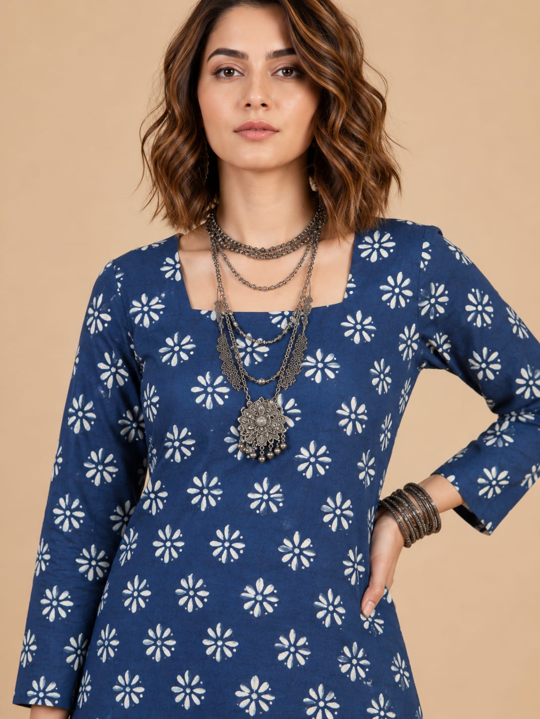 INDIGO BLUE ADJUSTABLE PRINTED TUNIC- BLUE