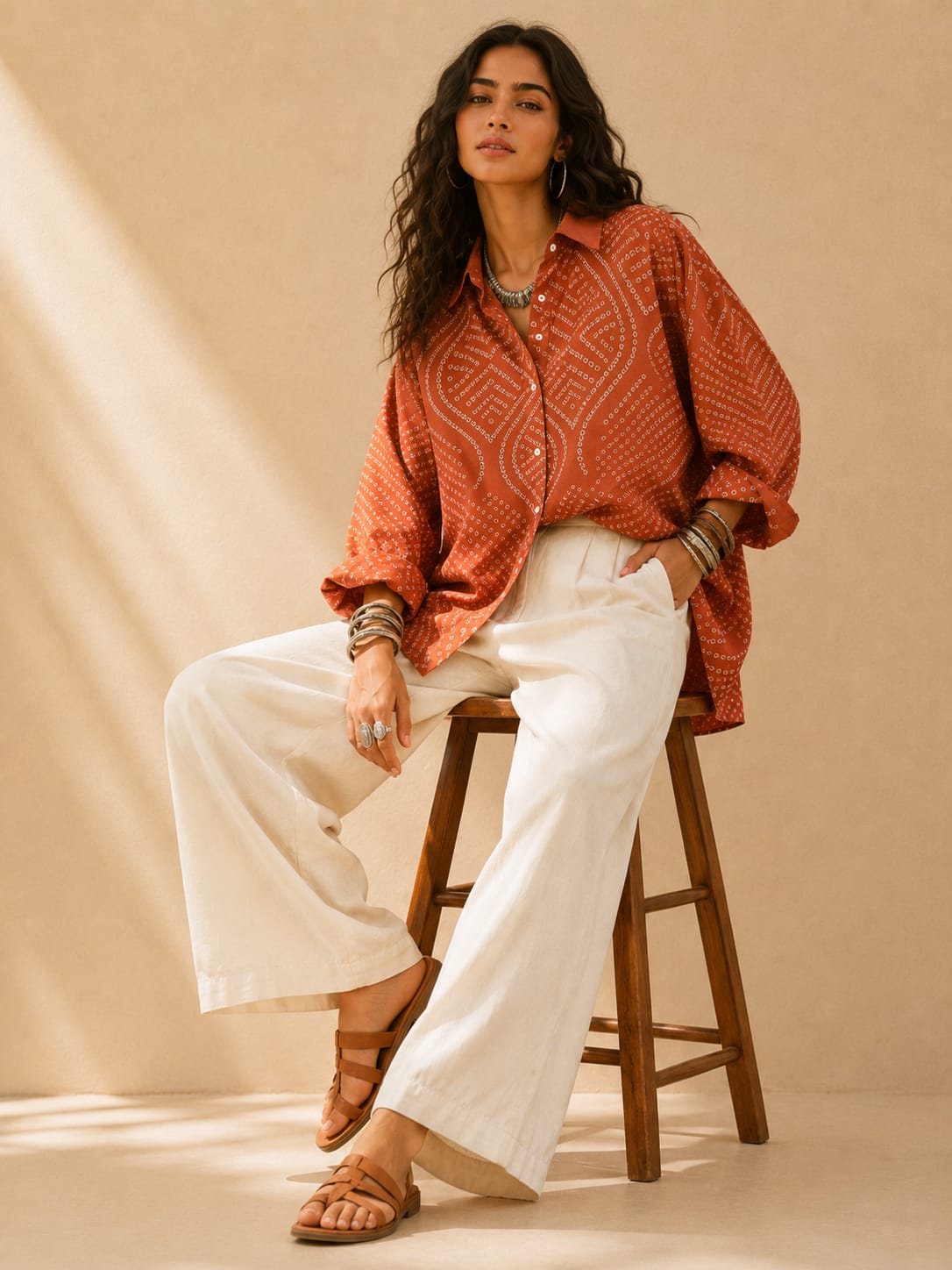 Oversized Boho Bandhani Printed shirt - Rust