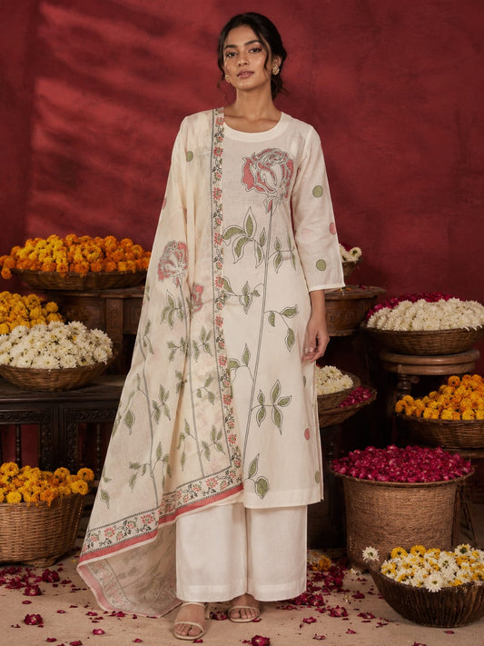 Women's Ivory Floral Printed Cotton Straight Kurta Palazzo Set with Printed Dupatta- Ivory