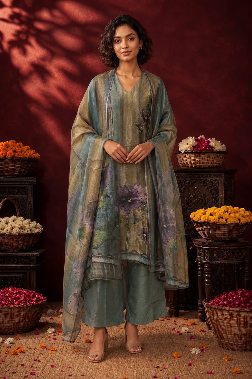Women's Sage Green Dual tone Floral Handworked Straight Kurta Pant Set with Printed Tissue Organza Dupatta-Sage Green