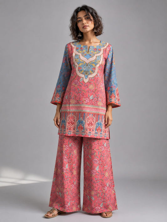 Women's  Pink Floral Print Tunic & Wide-Leg Pant Co-ord Set- Pink