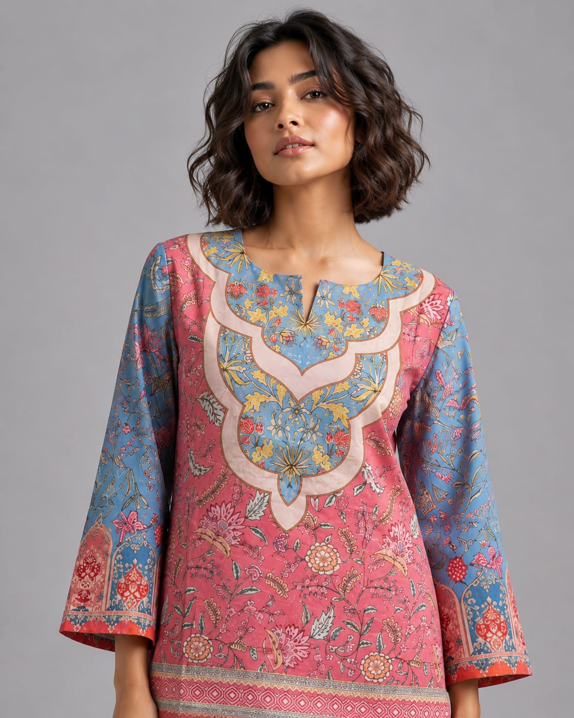 Women's  Pink Floral Print Tunic & Wide-Leg Pant Co-ord Set- Pink