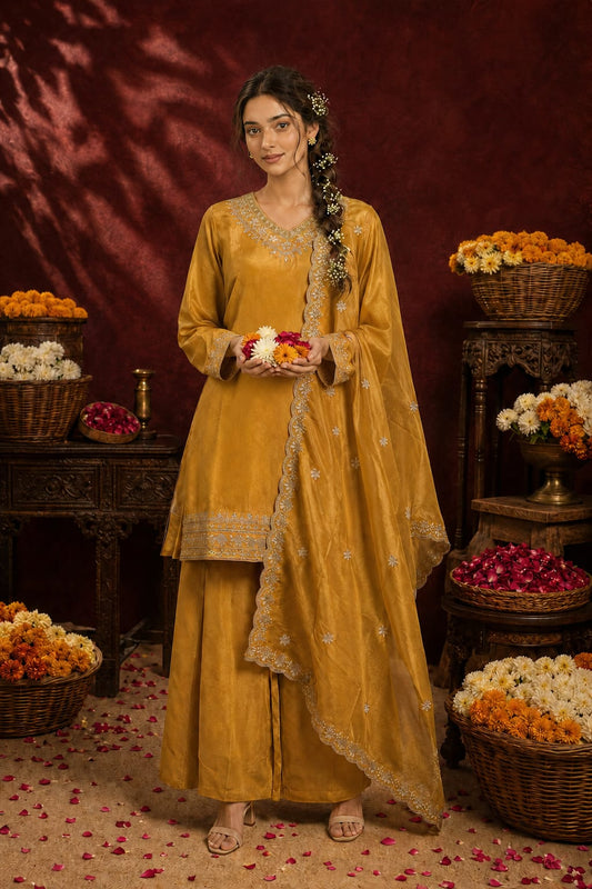 Women's Festive Pale Mustard Embroidered Kurta Palazzo Set with Tissue Organza Dupatta -Mustard