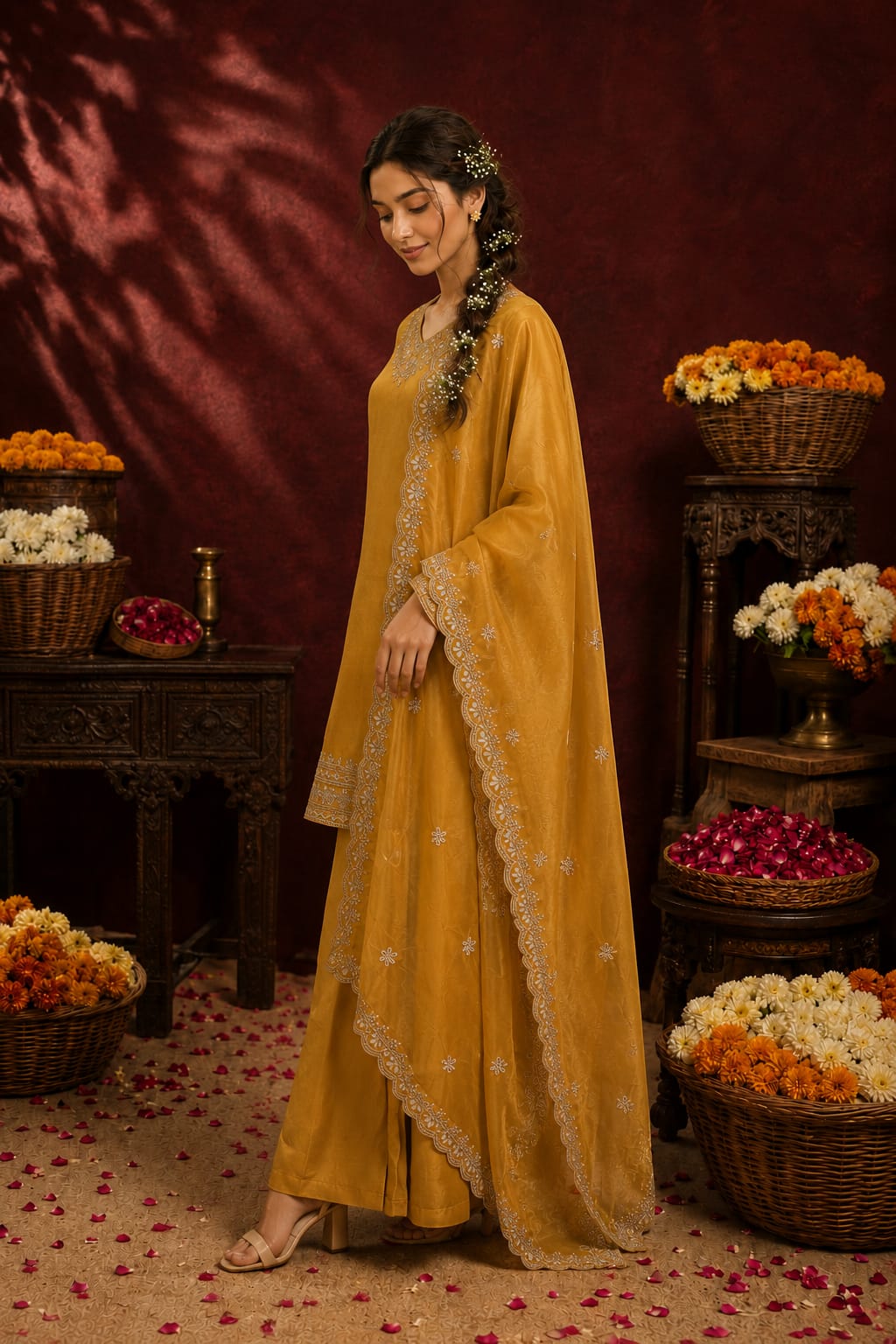 Women's Festive Pale Mustard Embroidered Kurta Palazzo Set with Tissue Organza Dupatta -Mustard