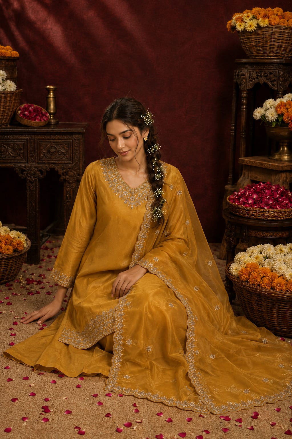 Women's Festive Pale Mustard Embroidered Kurta Palazzo Set with Tissue Organza Dupatta -Mustard
