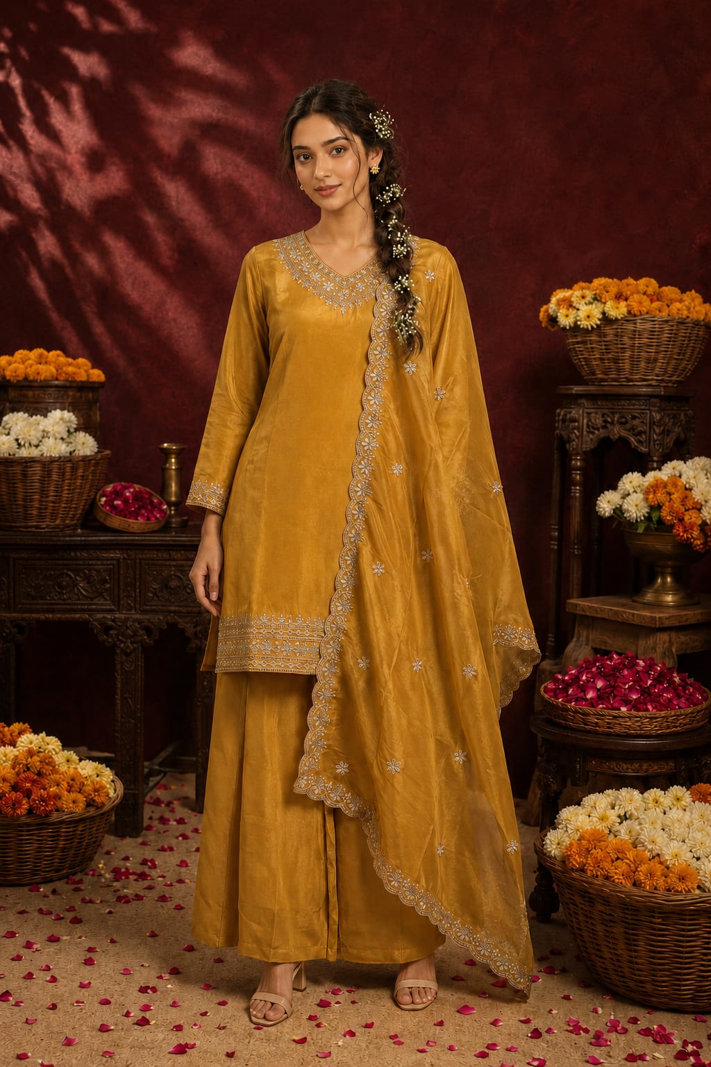 Women's Festive Pale Mustard Embroidered Kurta Palazzo Set with Tissue Organza Dupatta -Mustard