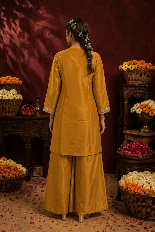 Women's Festive Pale Mustard Embroidered Kurta Palazzo Set with Tissue Organza Dupatta -Mustard