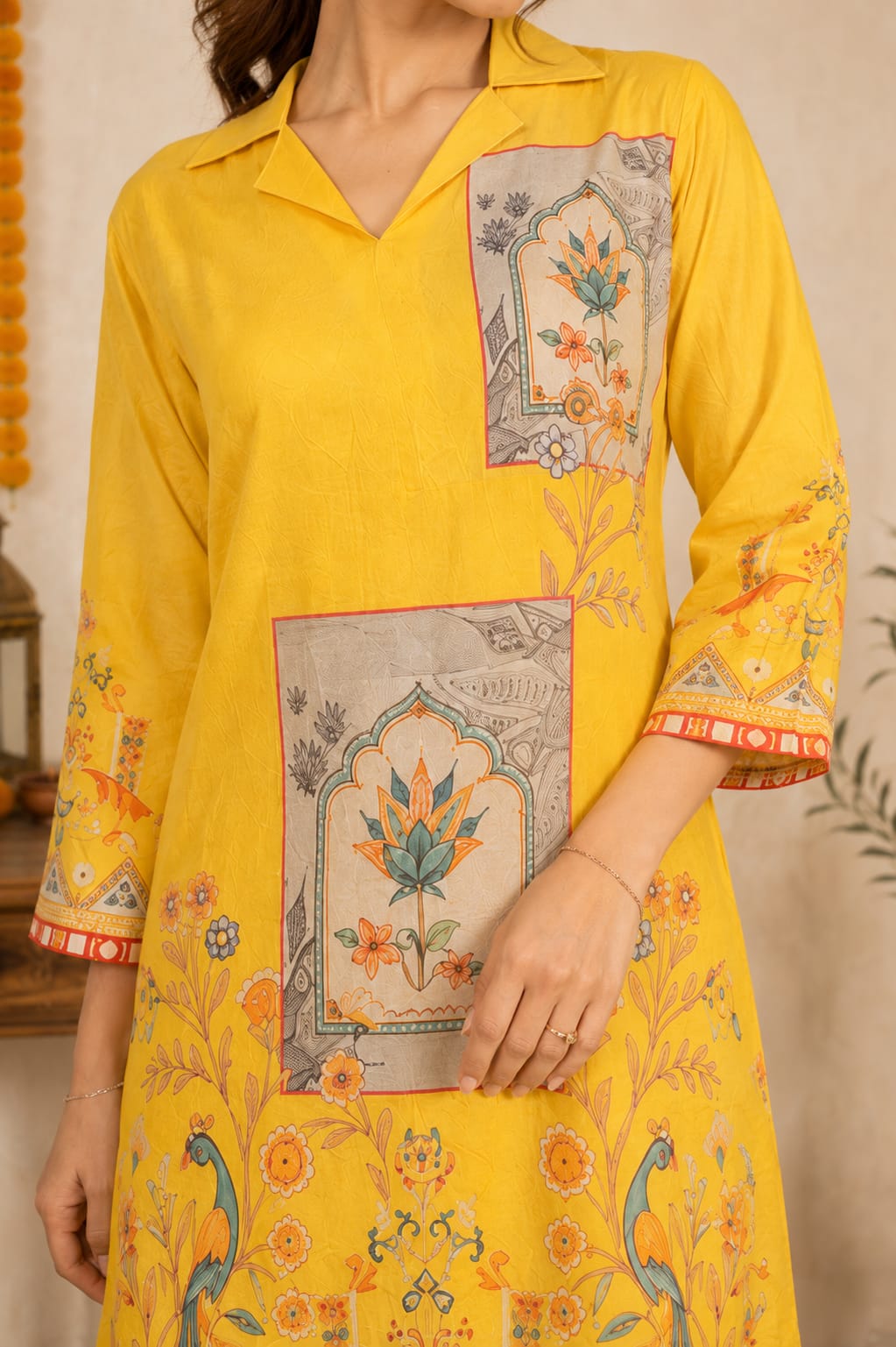 Women's Sunshine Yellow Heritage Printed Kurta Pant Set - Yellow