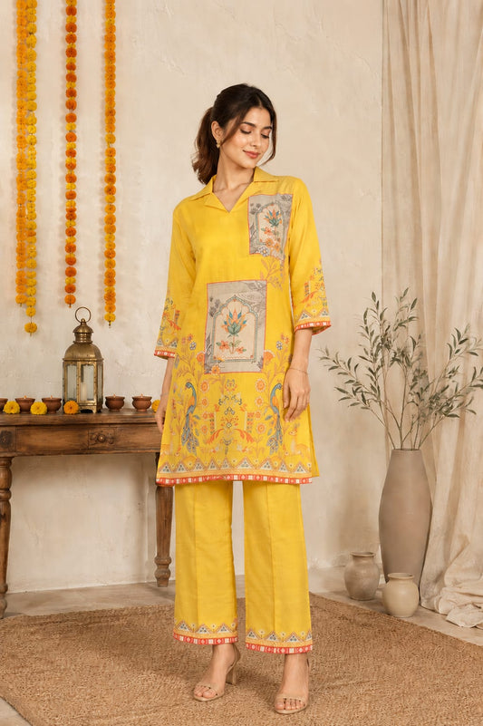 Women's Sunshine Yellow Heritage Printed Co-ord Set - Yellow