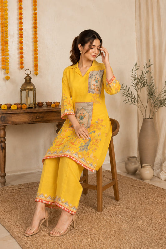 Women's Sunshine Yellow Heritage Printed Co-ord Set - Yellow