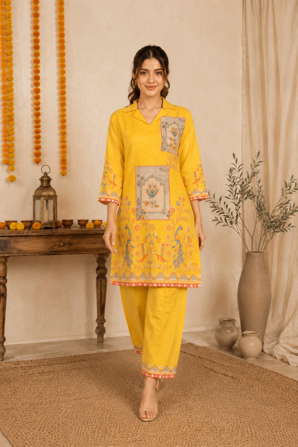 Women's Sunshine Yellow Heritage Printed Kurta Pant Set - Yellow