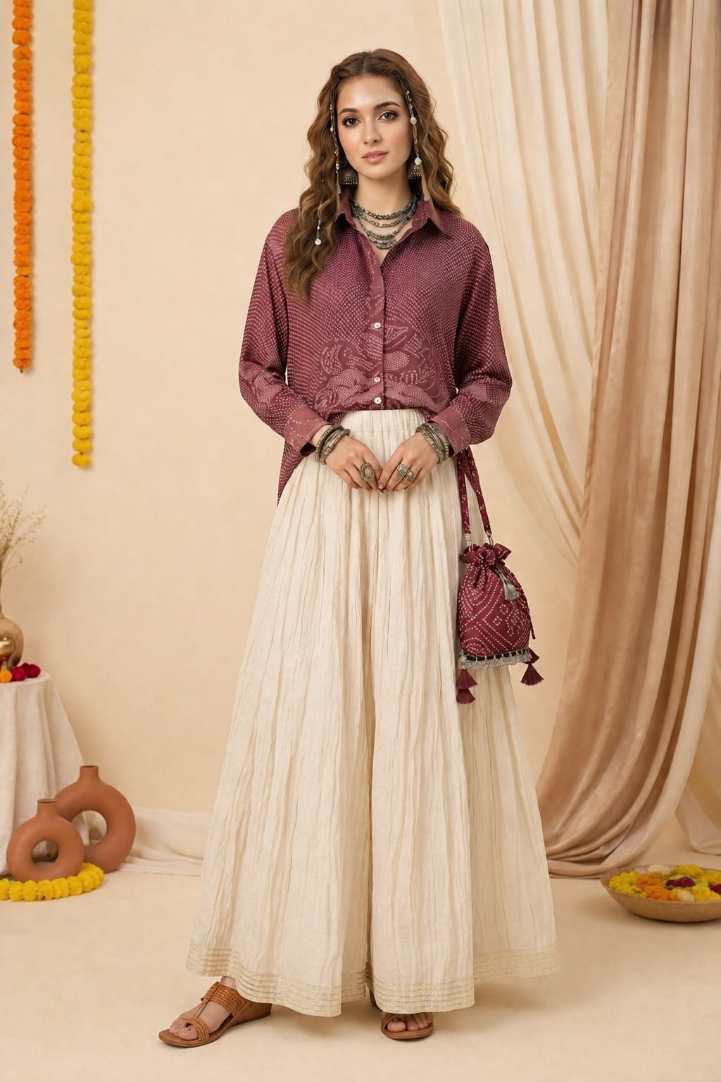 Women's Deep Maroon Oversized Contemporary Bandhani Printed Shirt- Maroon
