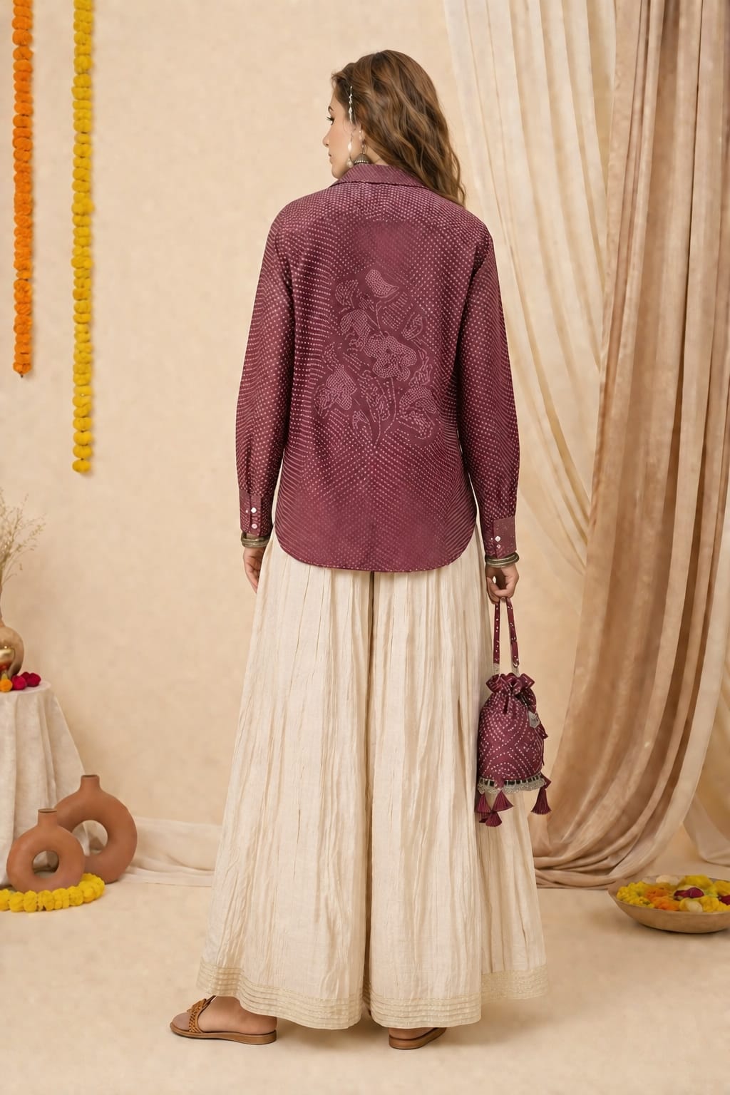 Women's Deep Maroon Oversized Contemporary Bandhani Printed Shirt- Maroon