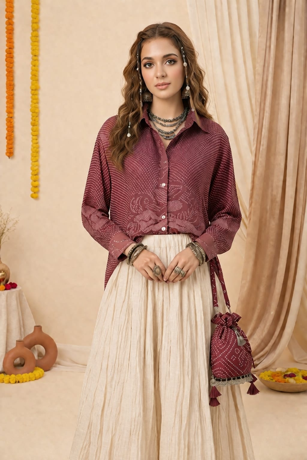 Women's Deep Maroon Oversized Contemporary Bandhani Printed Shirt- Maroon