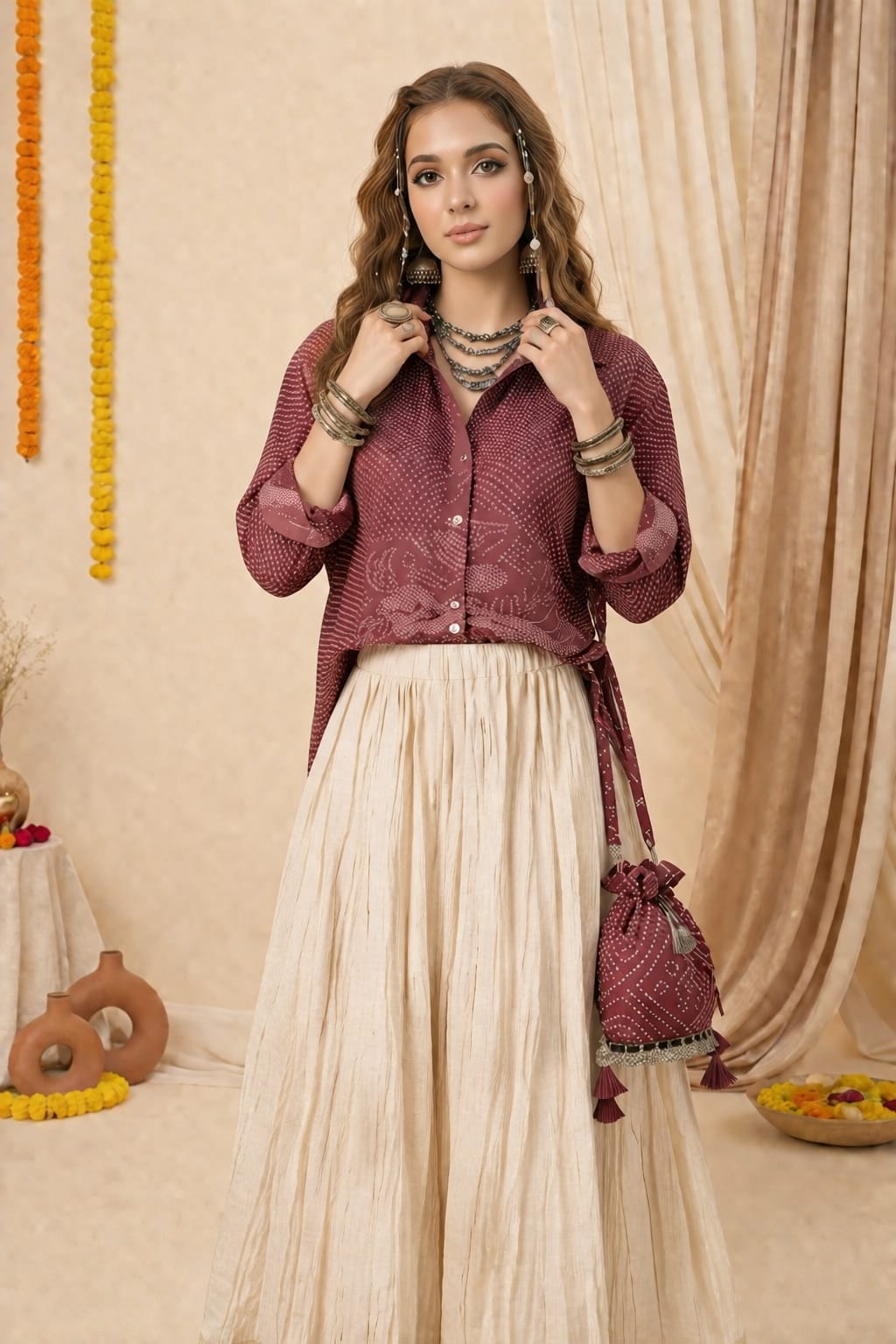 Women's Deep Maroon Oversized Contemporary Bandhani Printed Shirt- Maroon