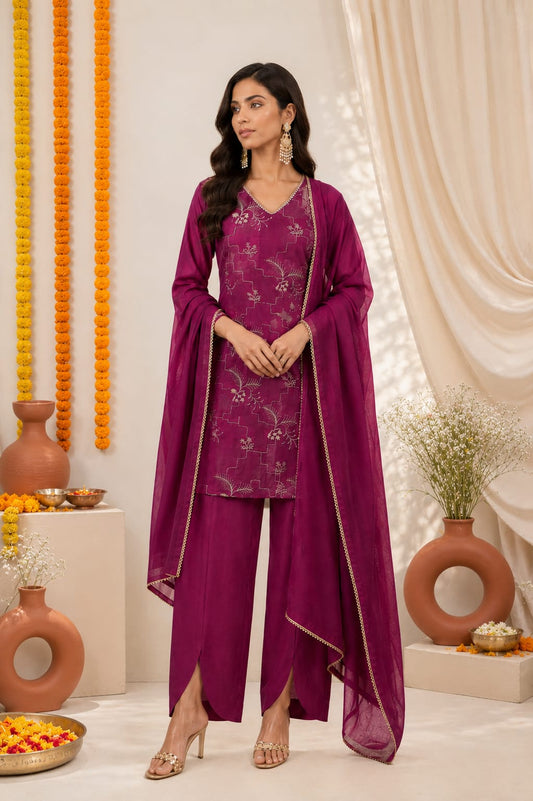 Women's Festive Magenta Handworked Kurta set with Pants & Tissue Dupatta - Magenta