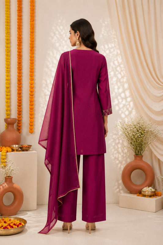 Women's Festive Magenta Handworked Kurta set with Pants & Tissue Dupatta - Magenta