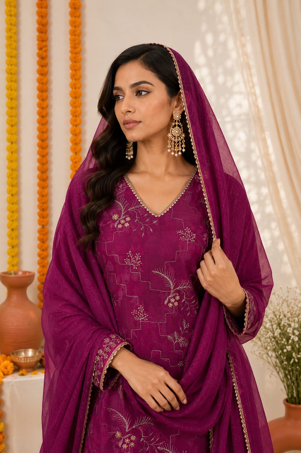 Women's Festive Magenta Handworked Kurta set with Pants & Tissue Dupatta - Magenta