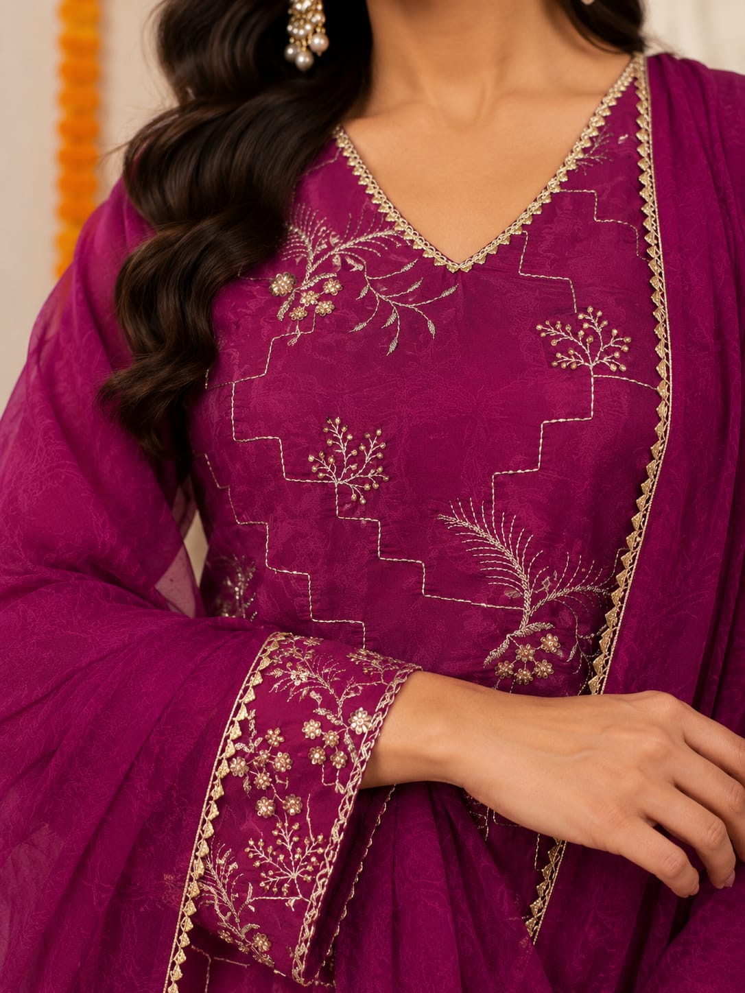 Women's Festive Magenta Handworked Kurta set with Pants & Tissue Dupatta - Magenta