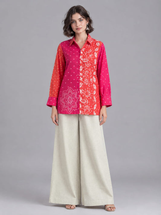 Fuchsia Pink & Orange Tie-Dye Moss Crepe Shirt - Fuchsia Pink & Orange