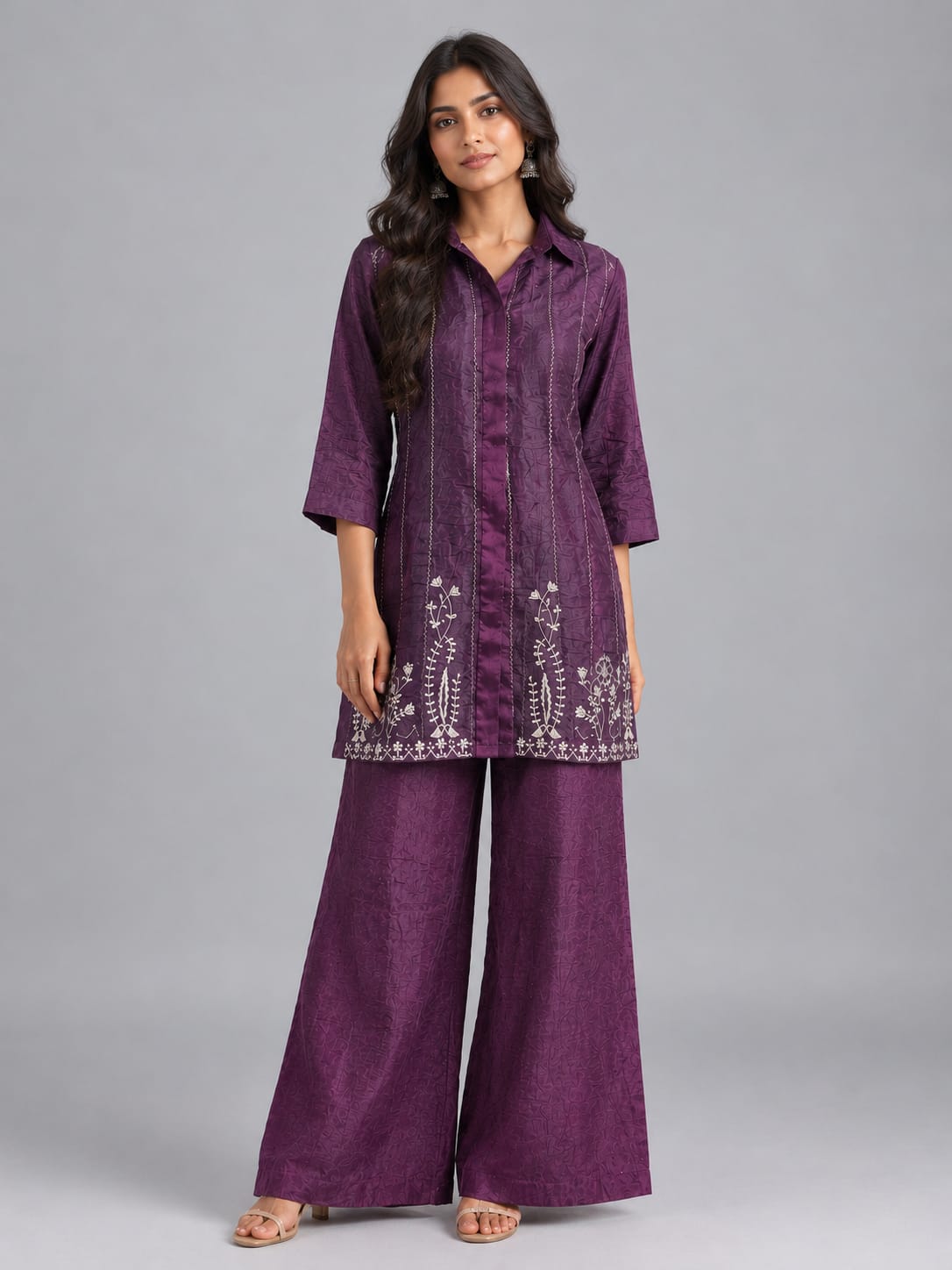 Plum Purple Embroidered Shirt-Style Co-Ord Set- Plum