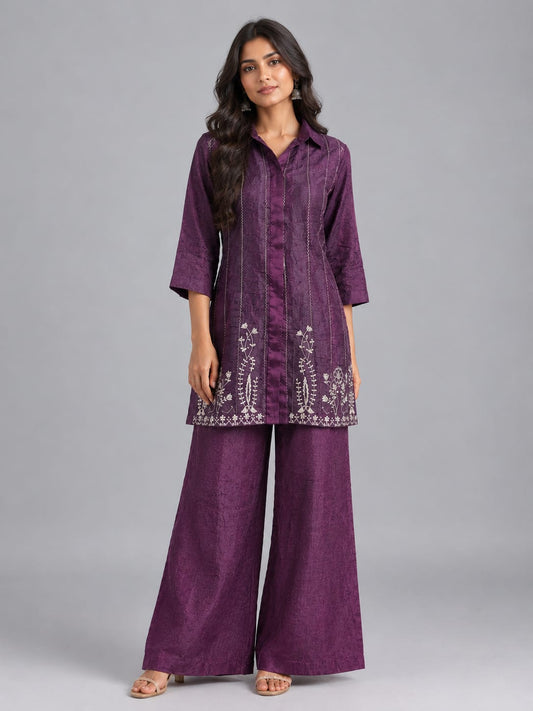Plum Purple Embroidered Shirt-Style Co-Ord Set- Plum