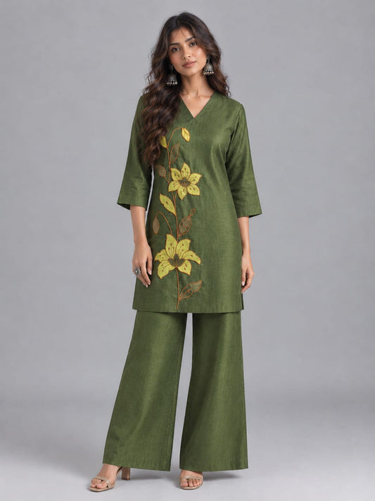 Olive Green Floral Embroidered Kurta Palazzo Co-Ord Set- Olive Green