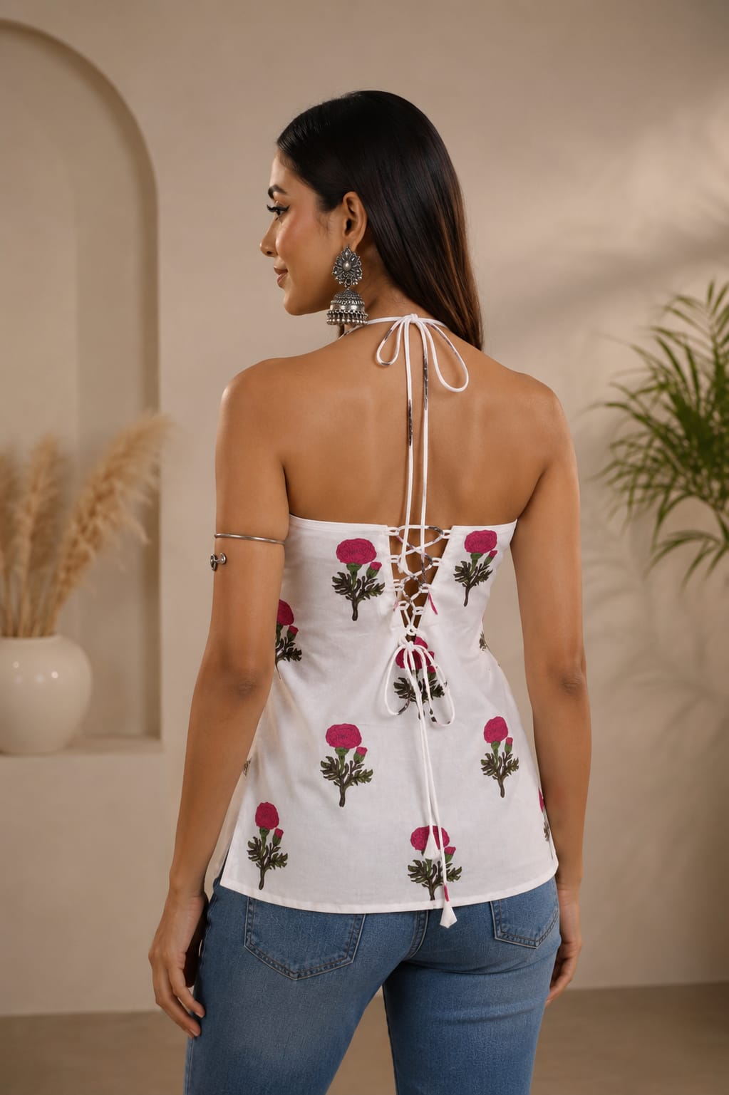 Floral Halterneck Corset Kurti – Off White