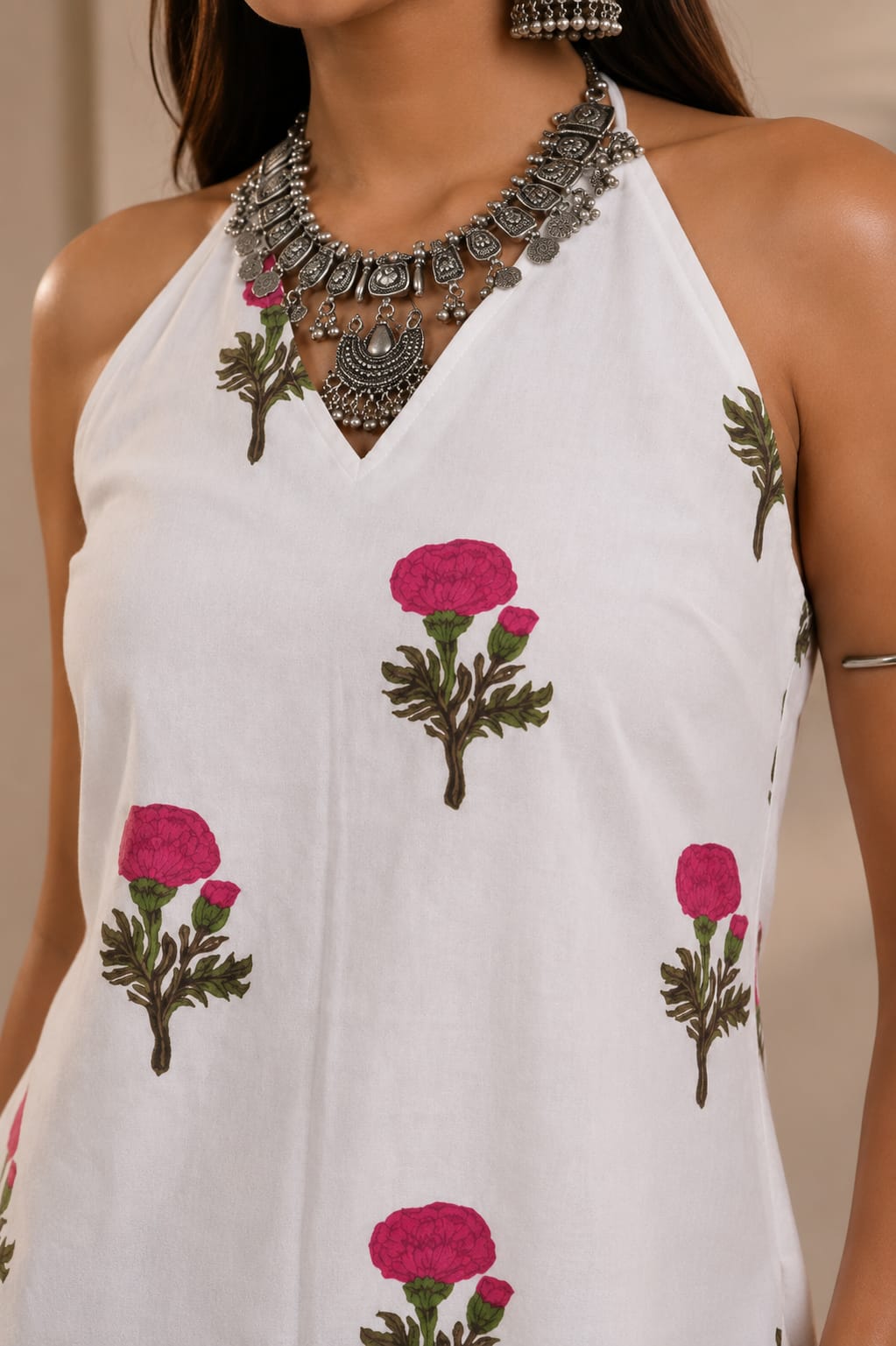 Floral Halterneck Corset Kurti – Off White