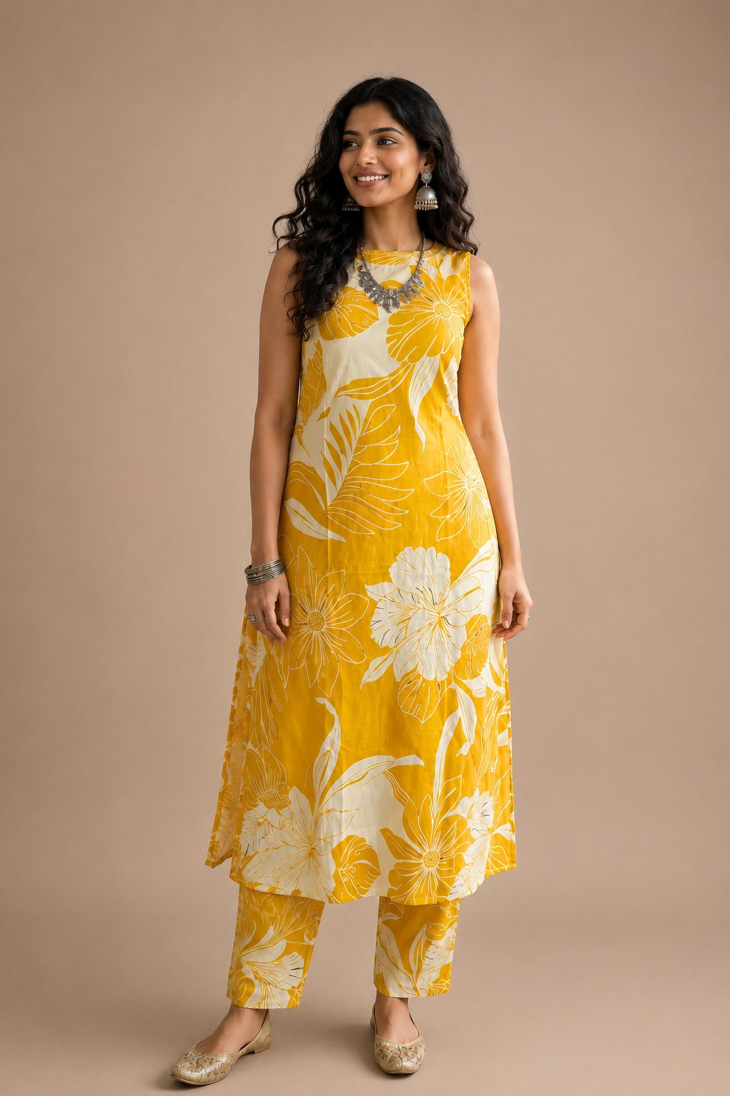 Bold Floral Sleeveless Kurta Set – Yellow
