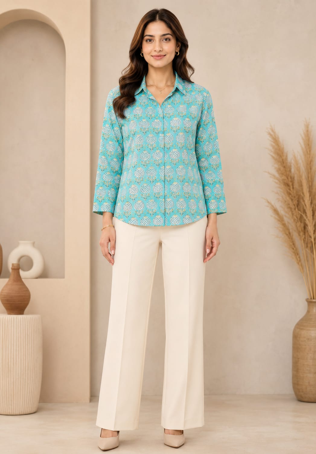 FLORAL PRINTED SHIRT–TURQUOISE BLUE