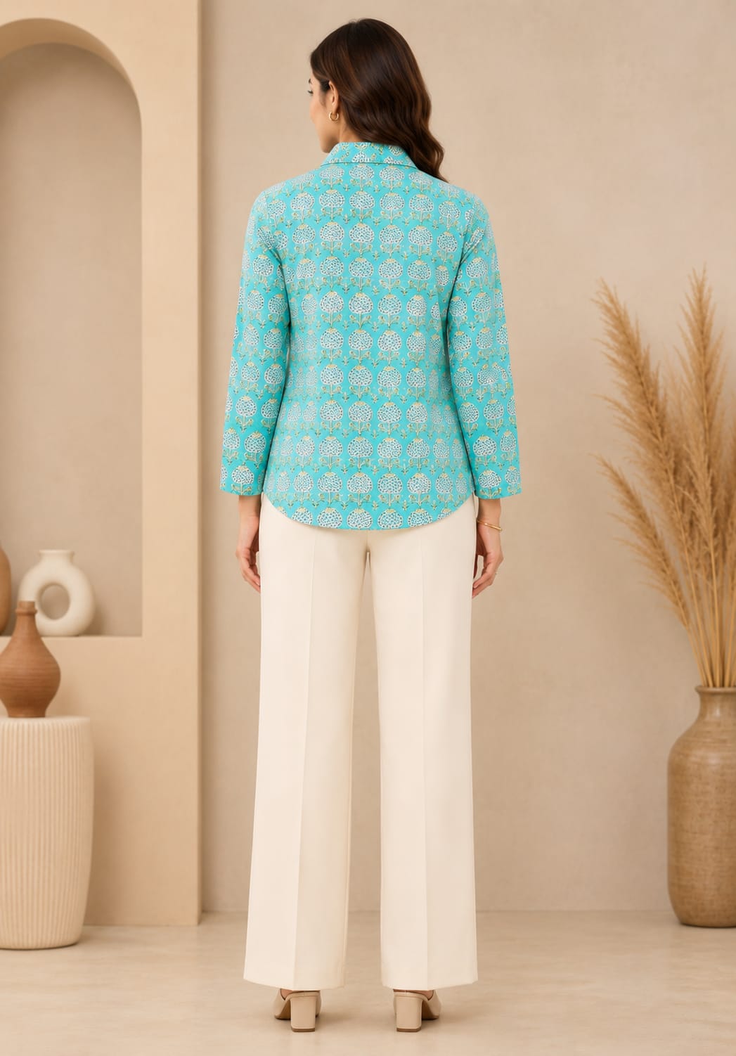 FLORAL PRINTED SHIRT–TURQUOISE BLUE