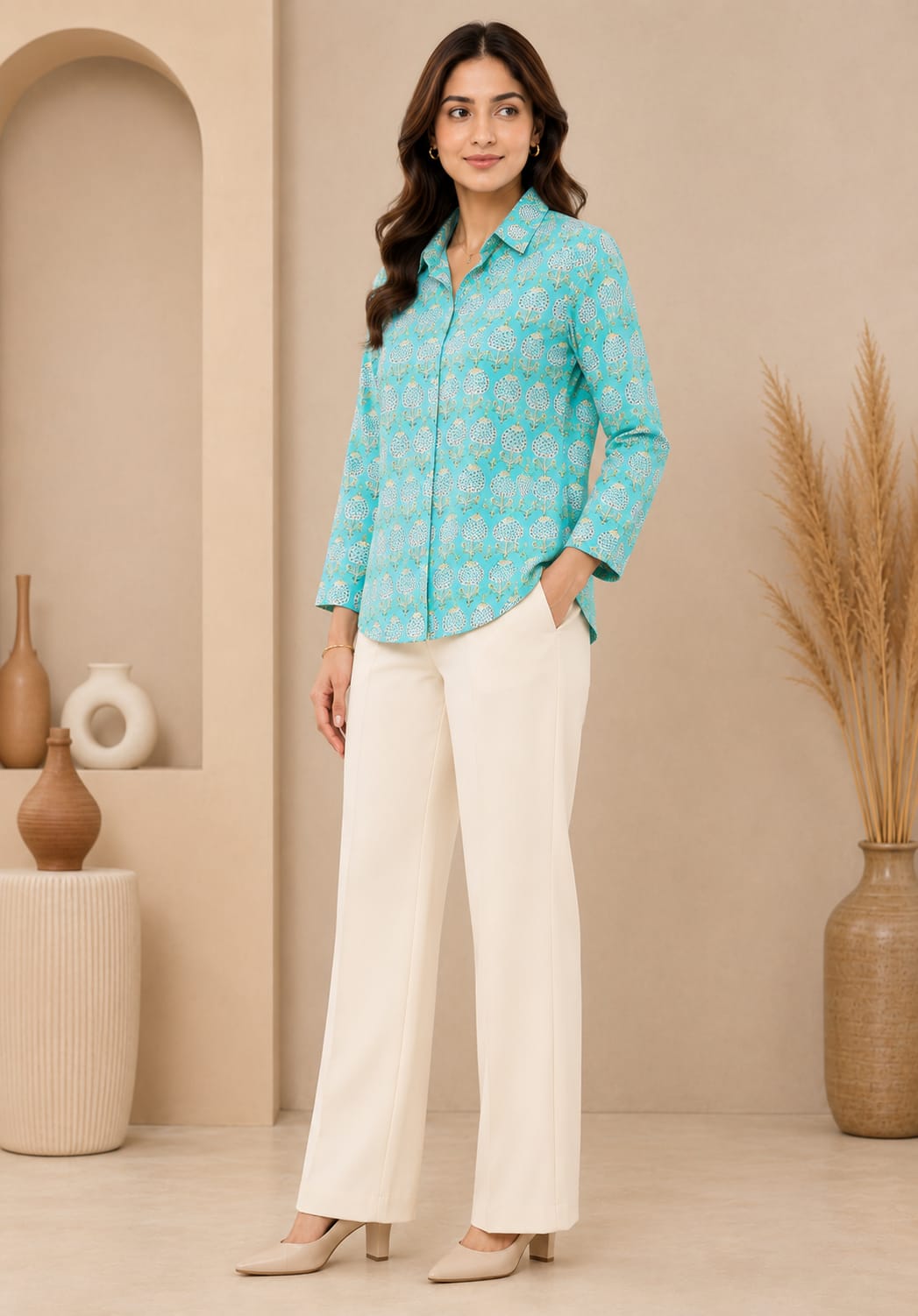 FLORAL PRINTED SHIRT–TURQUOISE BLUE