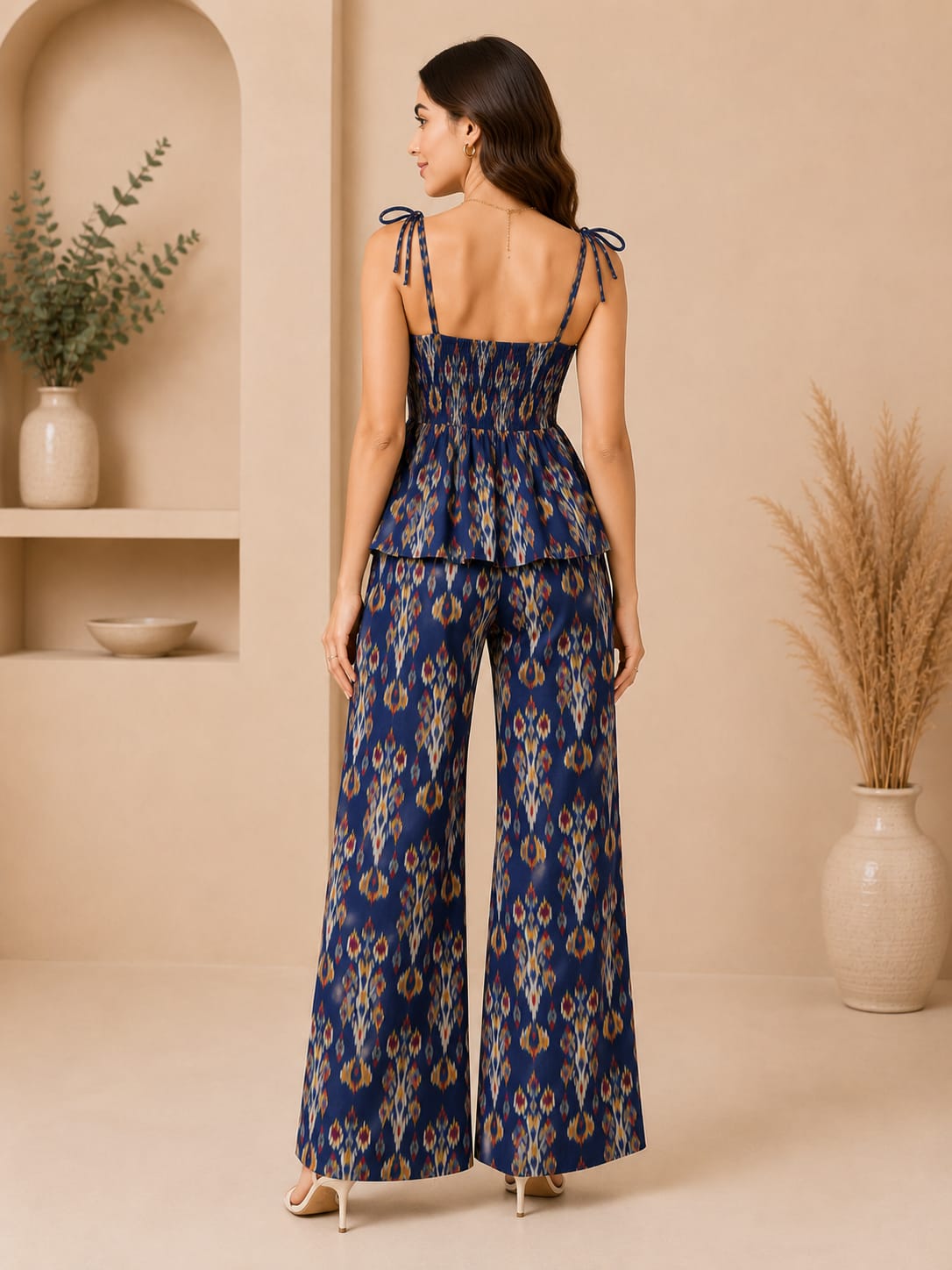 PRINTED PEPLUM CAMISOLE WITH WIDE  LEG  PANTS-NAVY BLUE