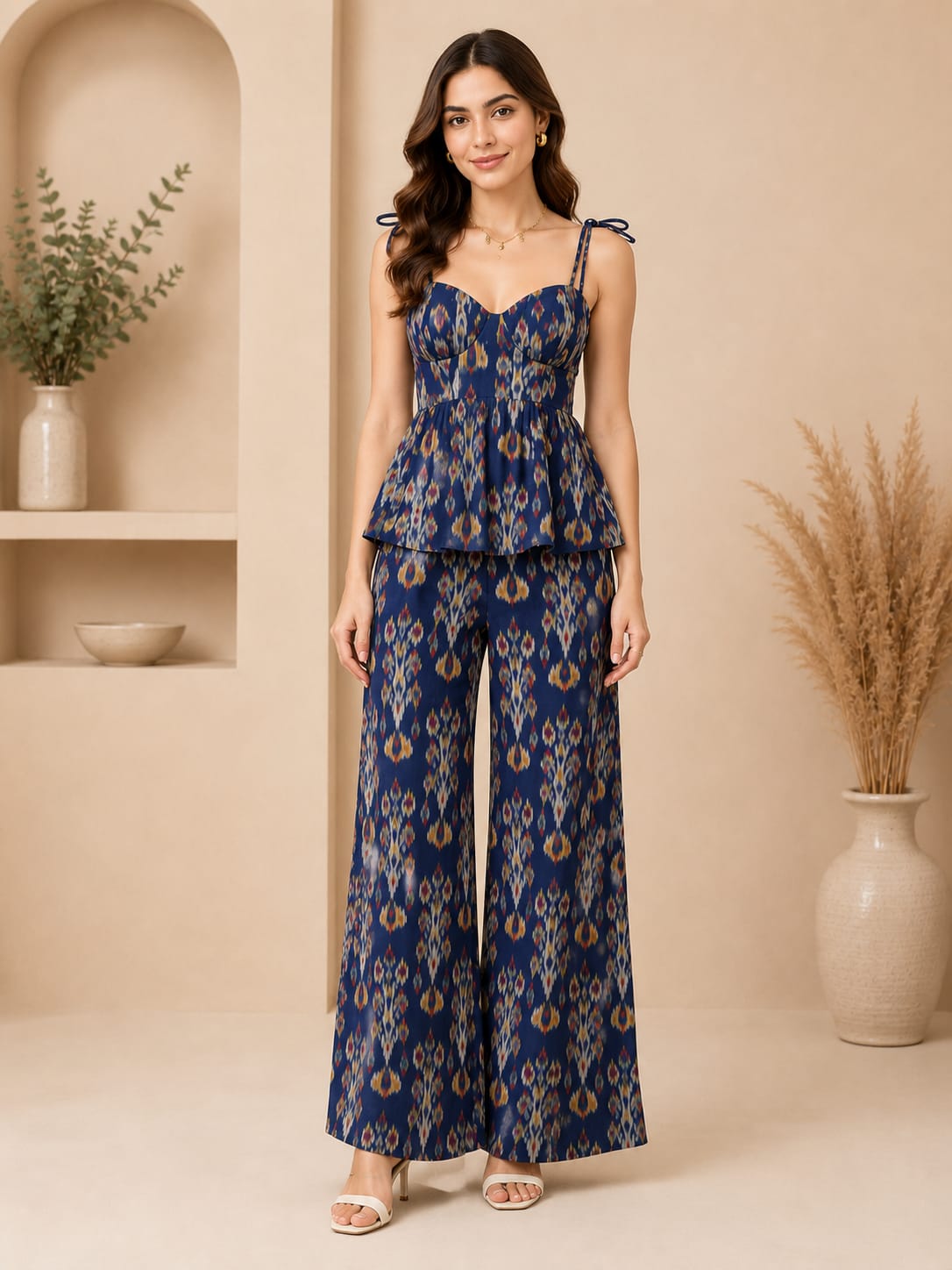 PRINTED PEPLUM CAMISOLE WITH WIDE  LEG  PANTS-NAVY BLUE