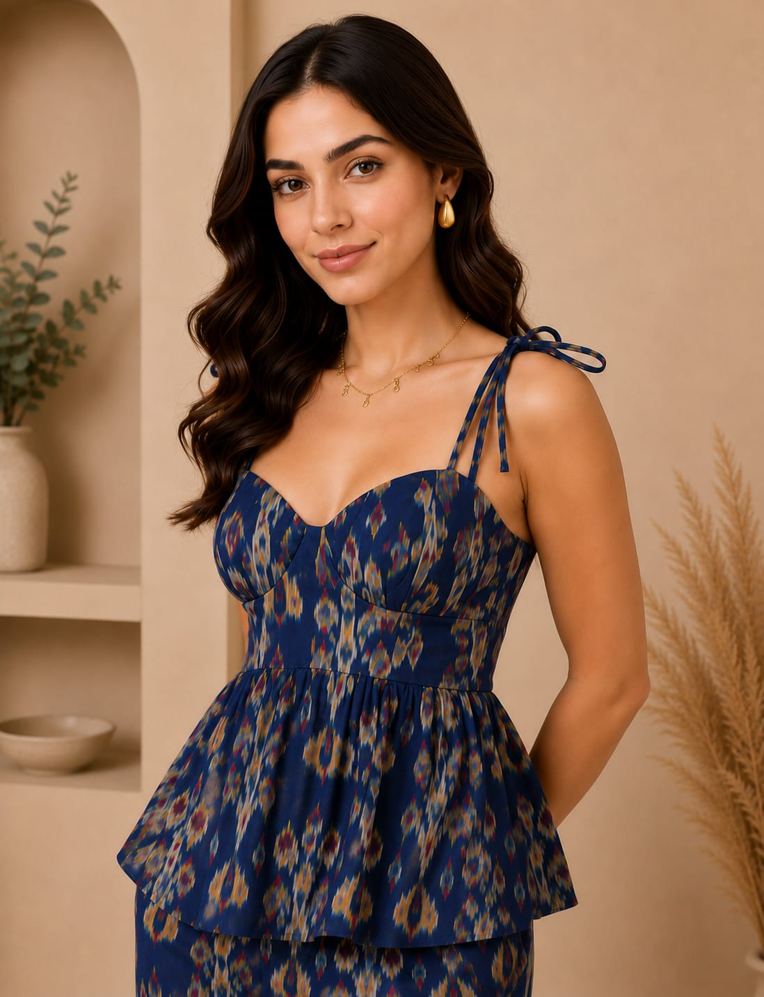 PRINTED PEPLUM CAMISOLE WITH WIDE  LEG  PANTS-NAVY BLUE