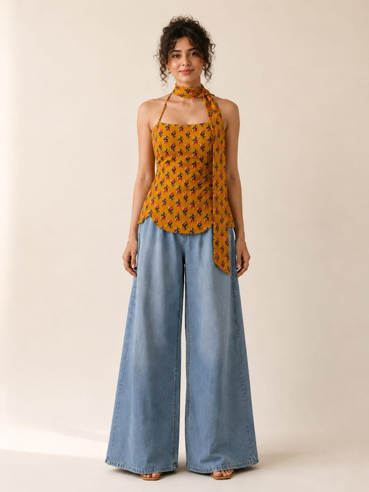 FLORAL PRINTED HALTER NECK SCARF TOPMUSTARD