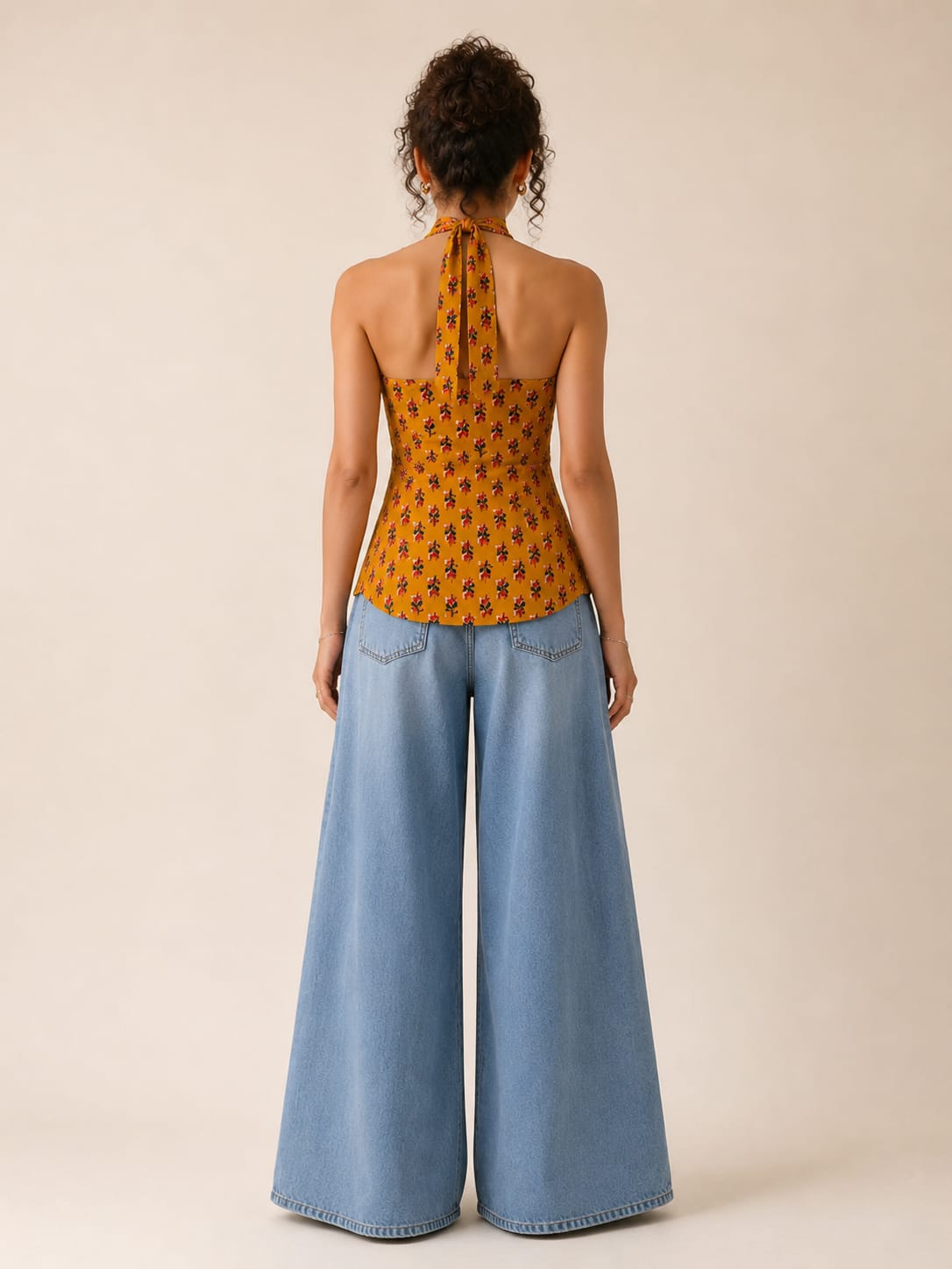 FLORAL PRINTED HALTER NECK SCARF TOPMUSTARD