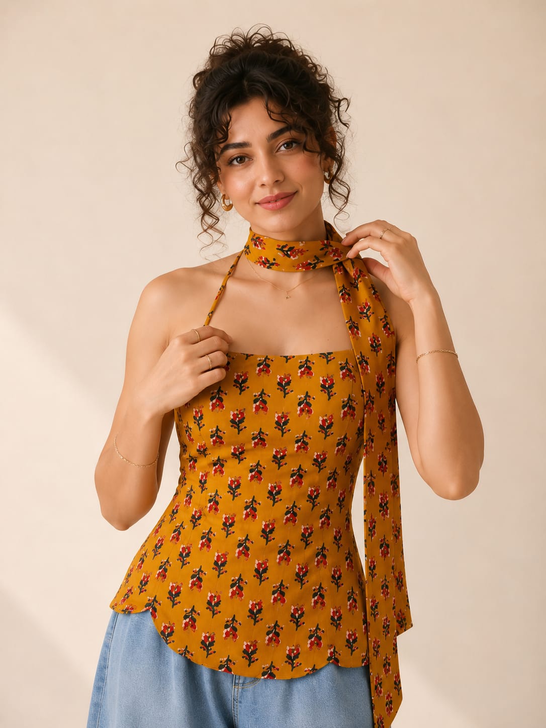 FLORAL PRINTED HALTER NECK SCARF TOPMUSTARD
