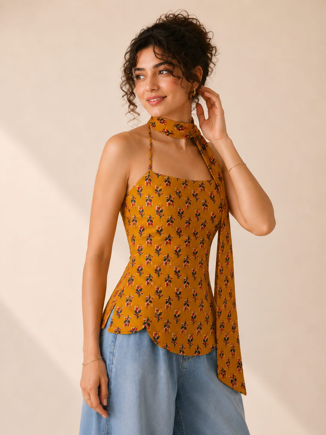 FLORAL PRINTED HALTER NECK SCARF TOPMUSTARD